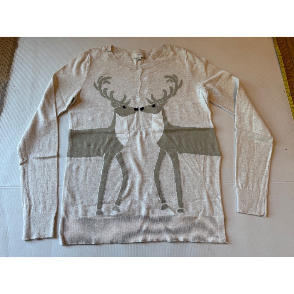 Loft Outlet Womens Reindeer Snowflake Intarsia Knit Sweater Oatmeal Small